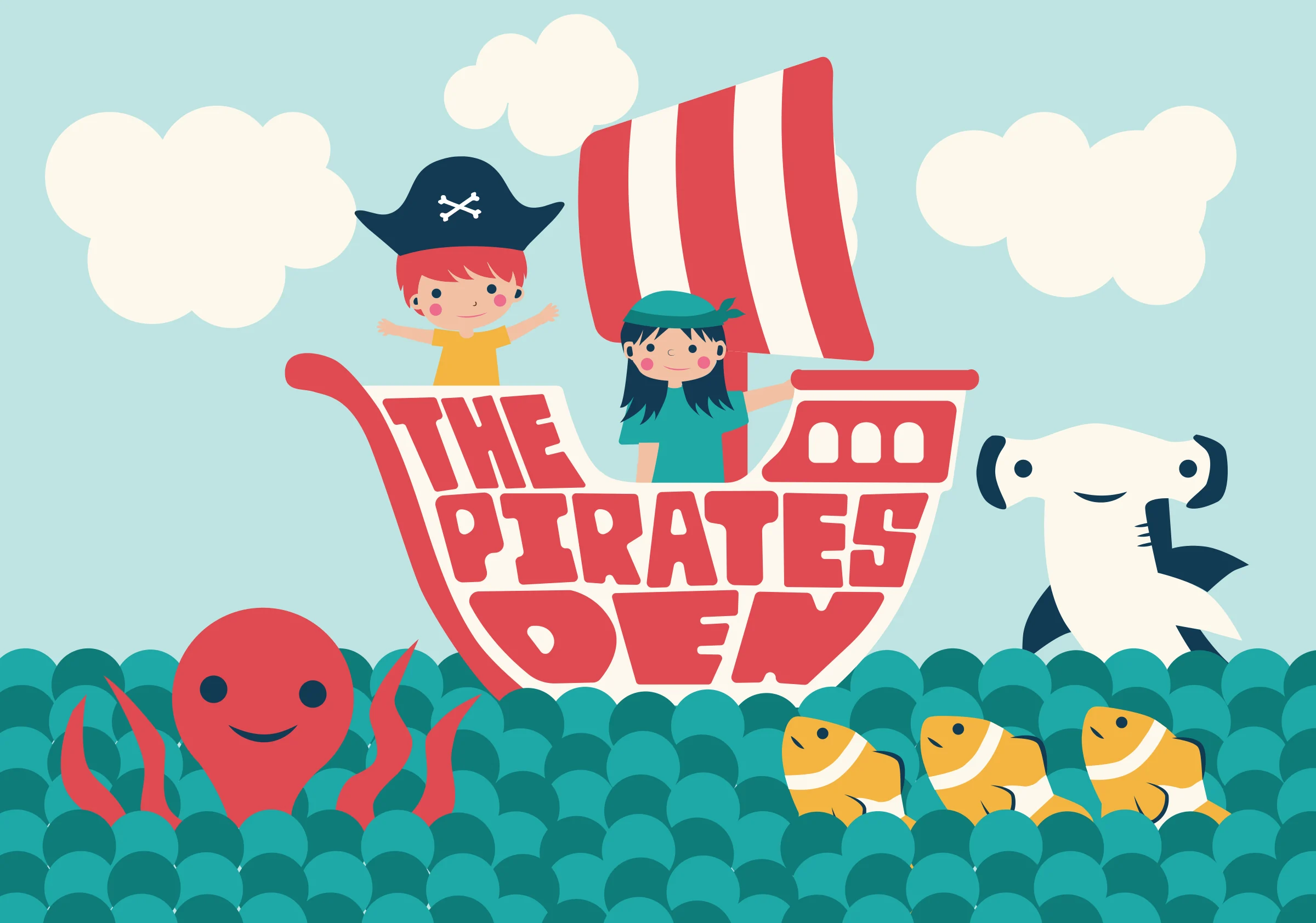 The Pirates Den logo: two young pirates sailing a red and white ship over a sea of ball-pit balls, with an octopus, a shark and clownfish